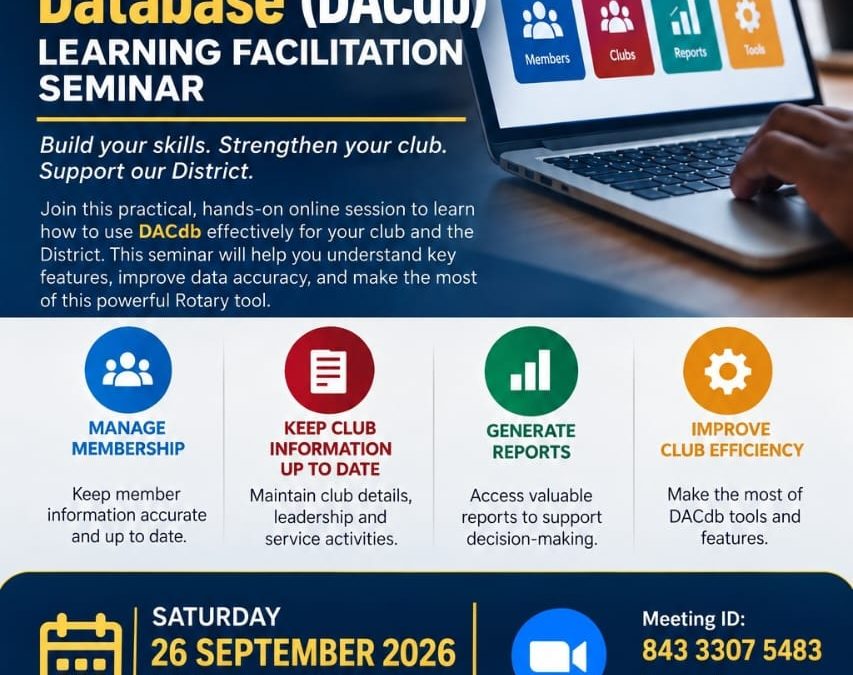 Today 26th September 2026, Rotary joins club’s as we end month of Learning in a exciting District lead training Topic District and Club Database Learning Facilitation Seminar